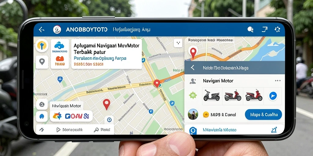 Antarmuka pengguna ANOBOYTOTO dengan petunjuk navigasi rute untuk motor.