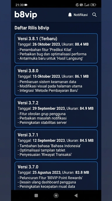 Tampilan riwayat versi b8vip